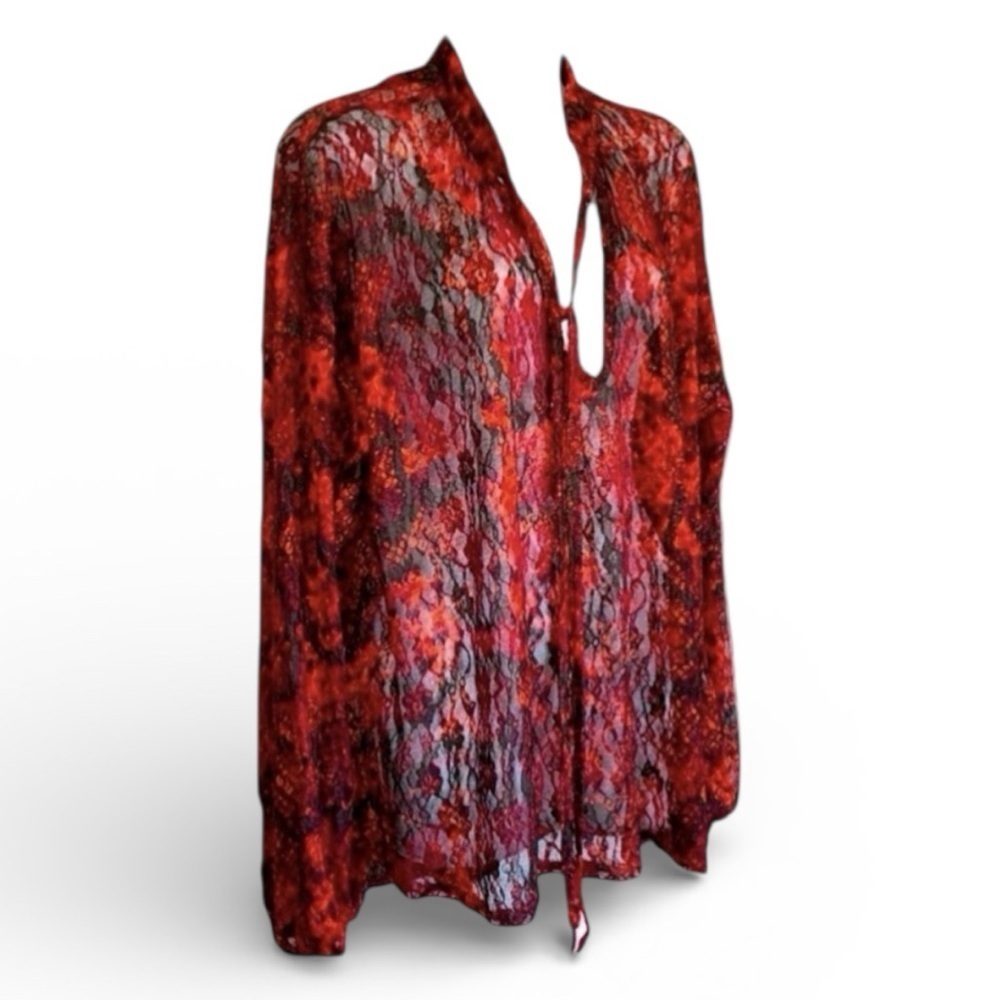 Free People blouse Women's M, red/black sheer, snake print & lace, neck ties EUC